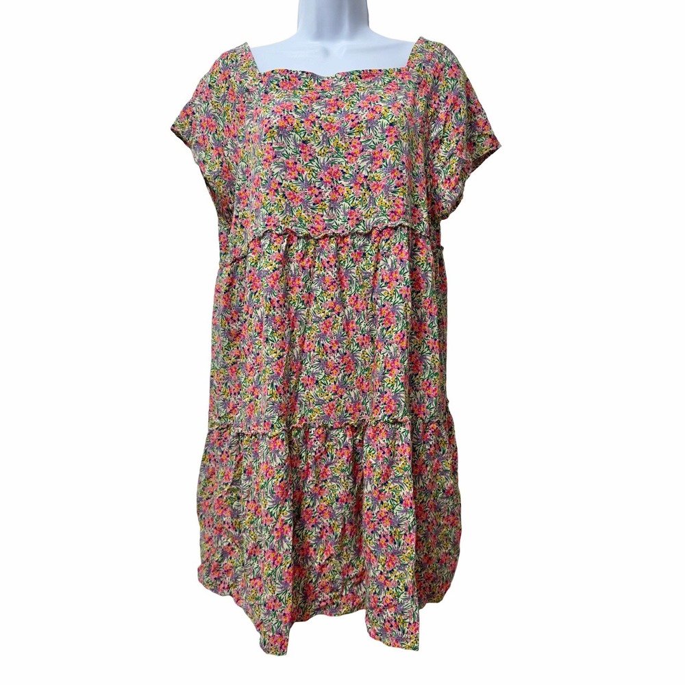 Natural Life Berkley Floral Square Neck Tiered Mini Dress Size L Cottagecore